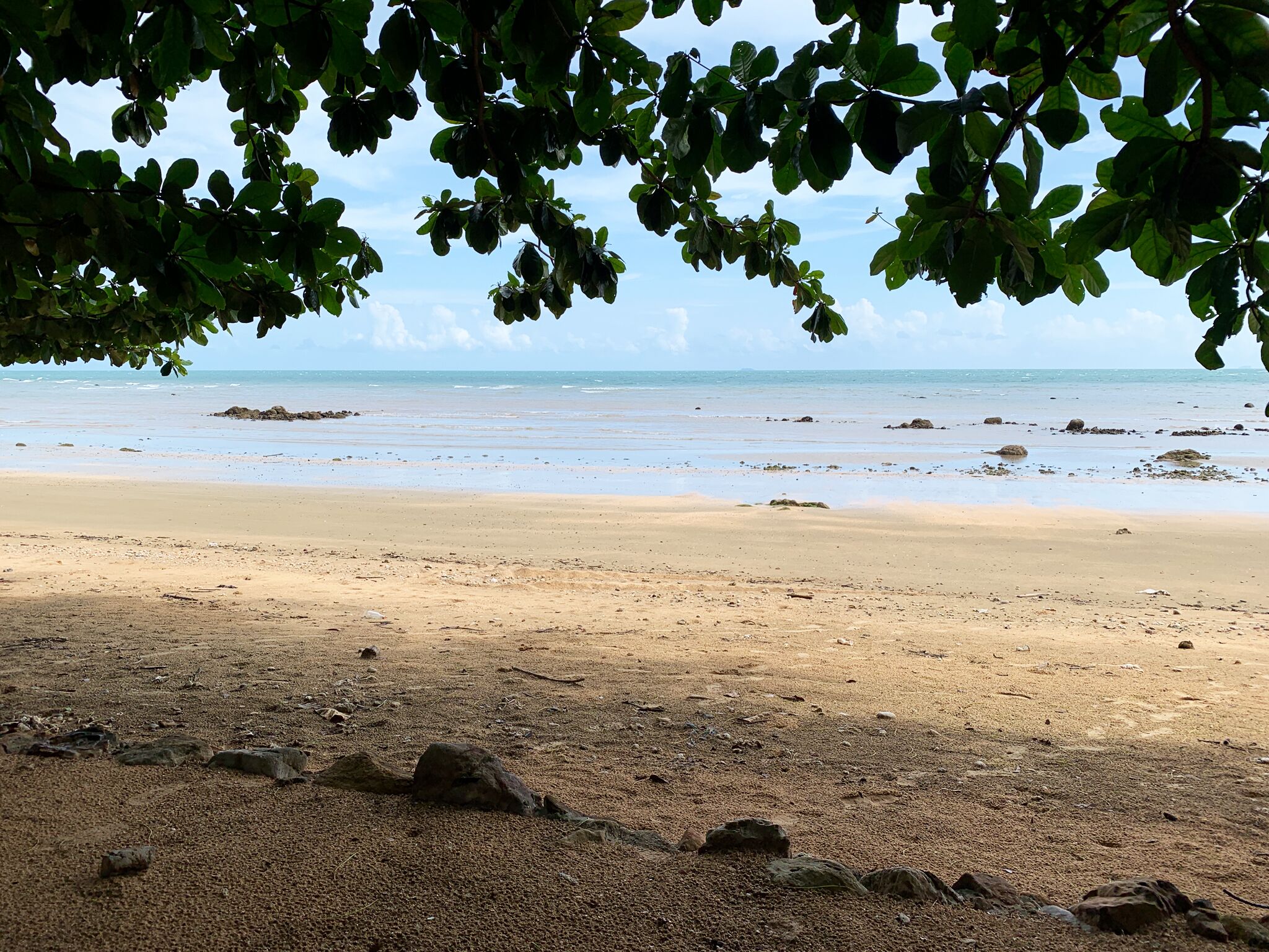 Ein Strand mit verstreuten Steinen und freiem Blick auf den Ozean.