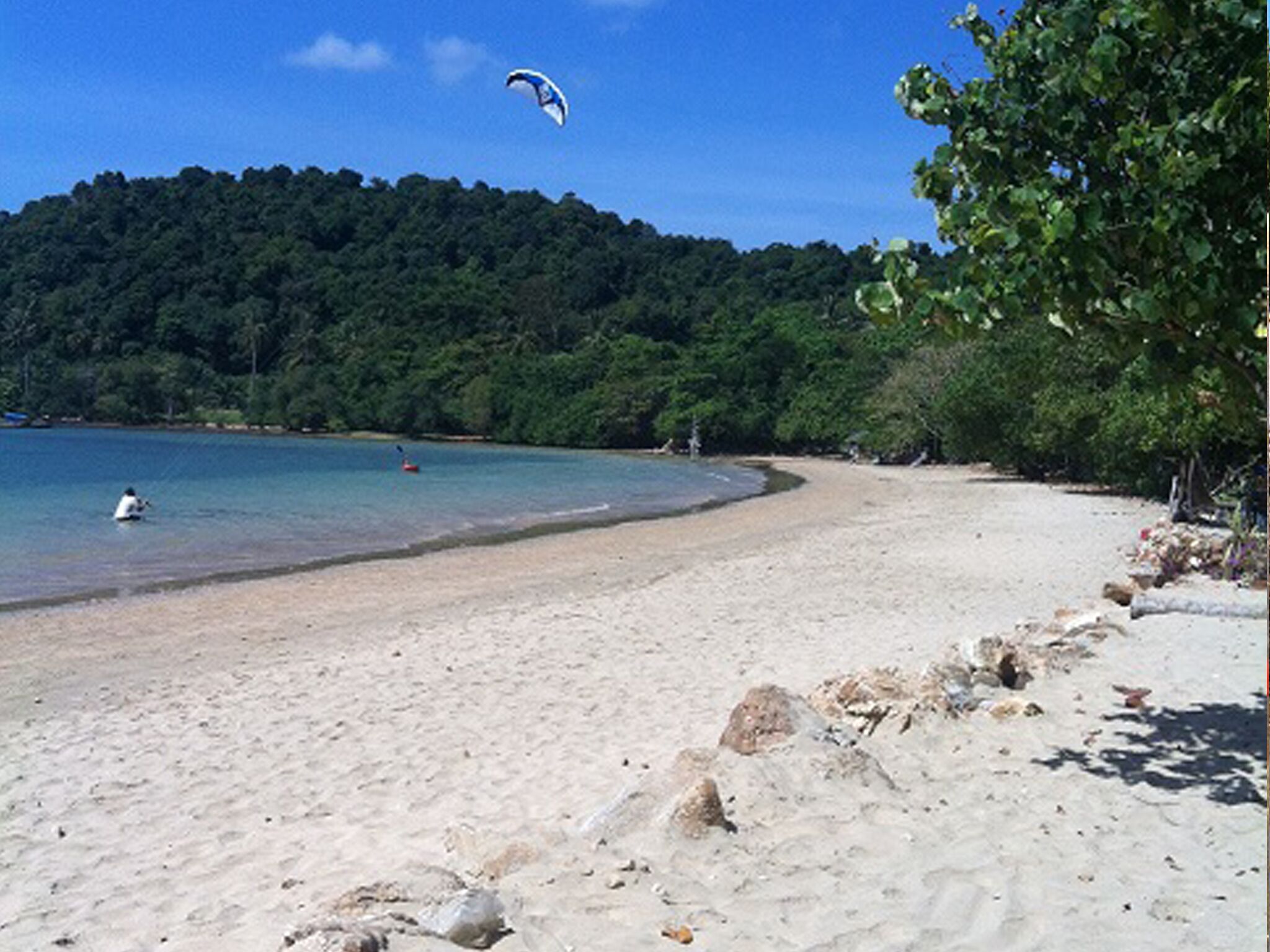 A beach with clear water, a sandy shore, and a forested hill in the background.