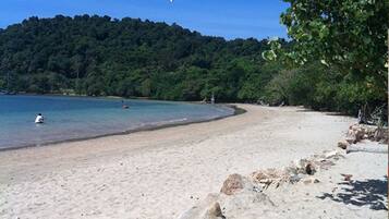 A beach with clear water, a sandy shore, and a forested hill in the background.