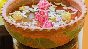 Een decoratieve schaal met water en lotusbloemen.