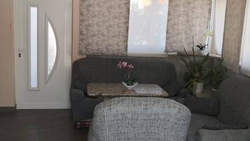 Una sala de estar con un sofá gris, un sillón a juego, una mesita con una planta y una ventana con vistas.