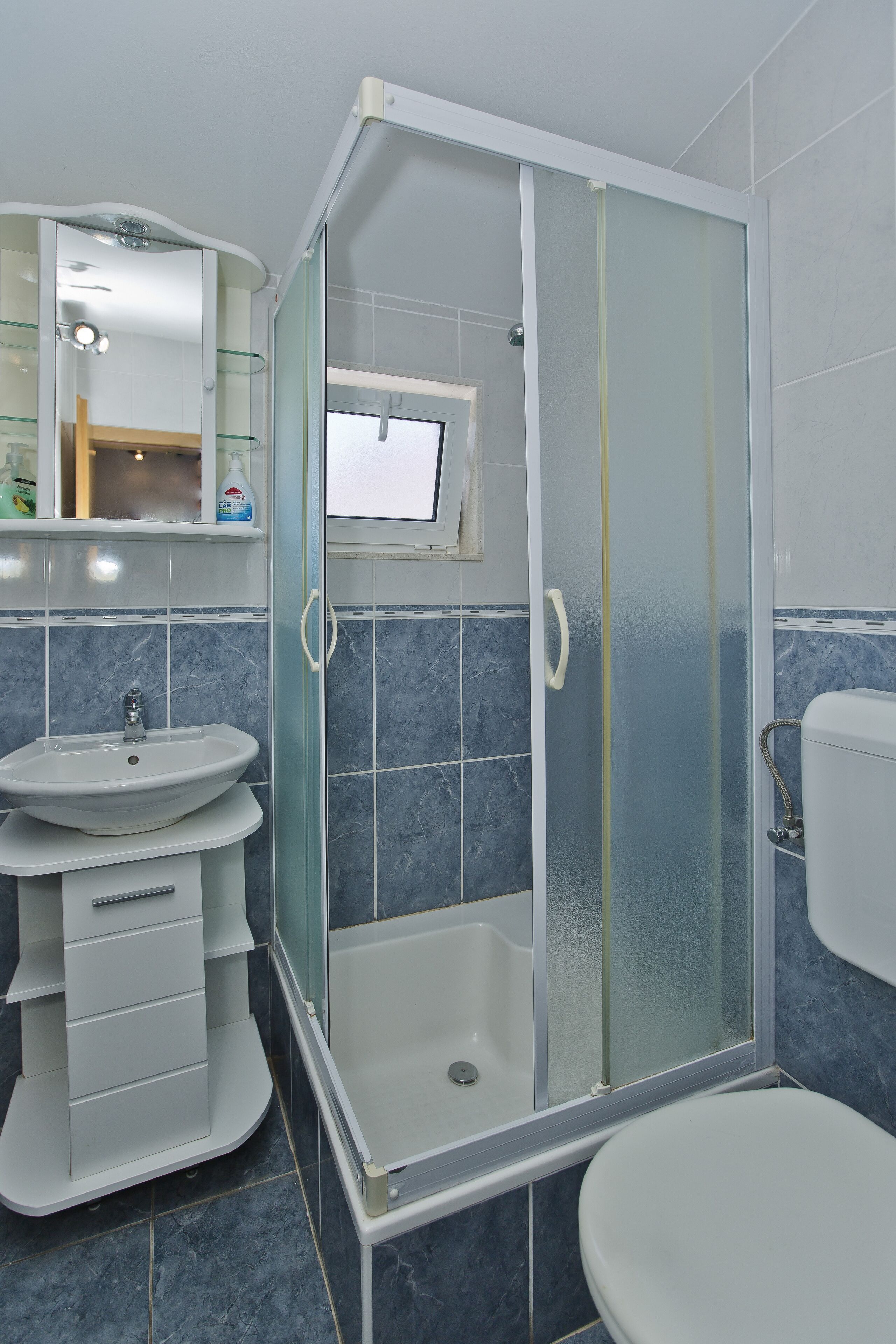 Une salle de bain moderne avec une douche à parois de verre, un lavabo avec un miroir et des toilettes.