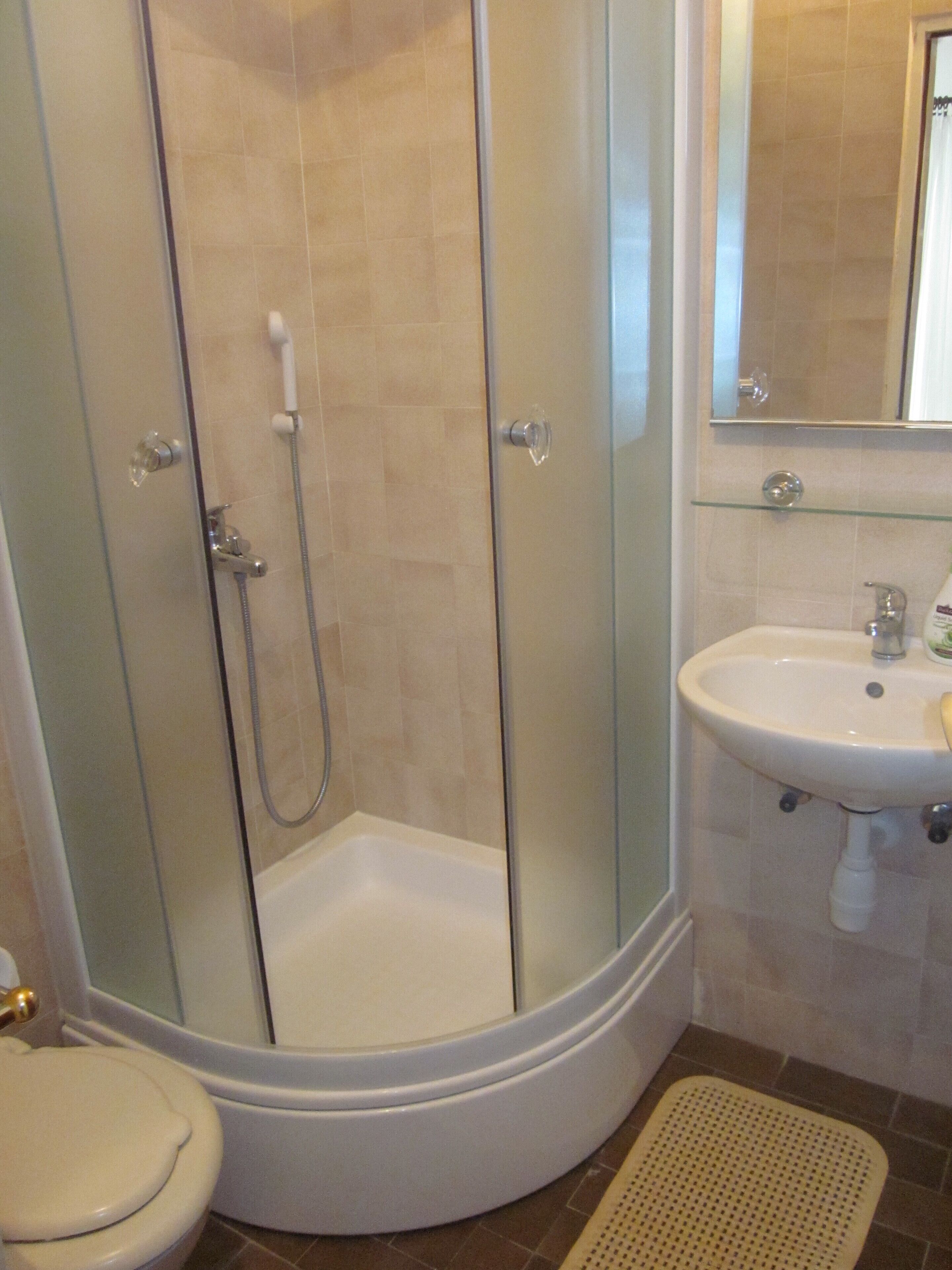 Une salle de bain avec une douche à parois de verre, un lavabo blanc et des toilettes.