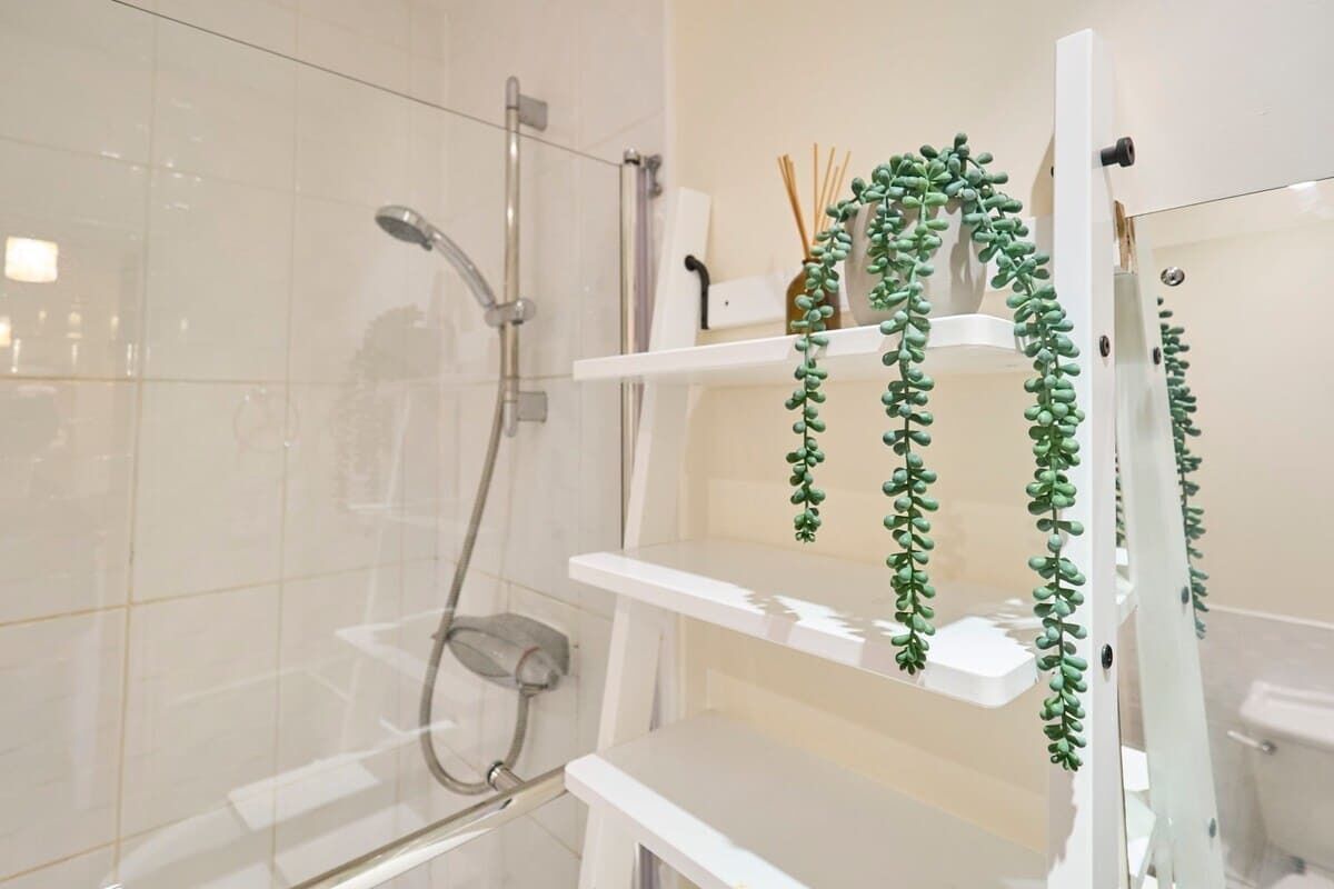 Shower, hair dryer, shampoo