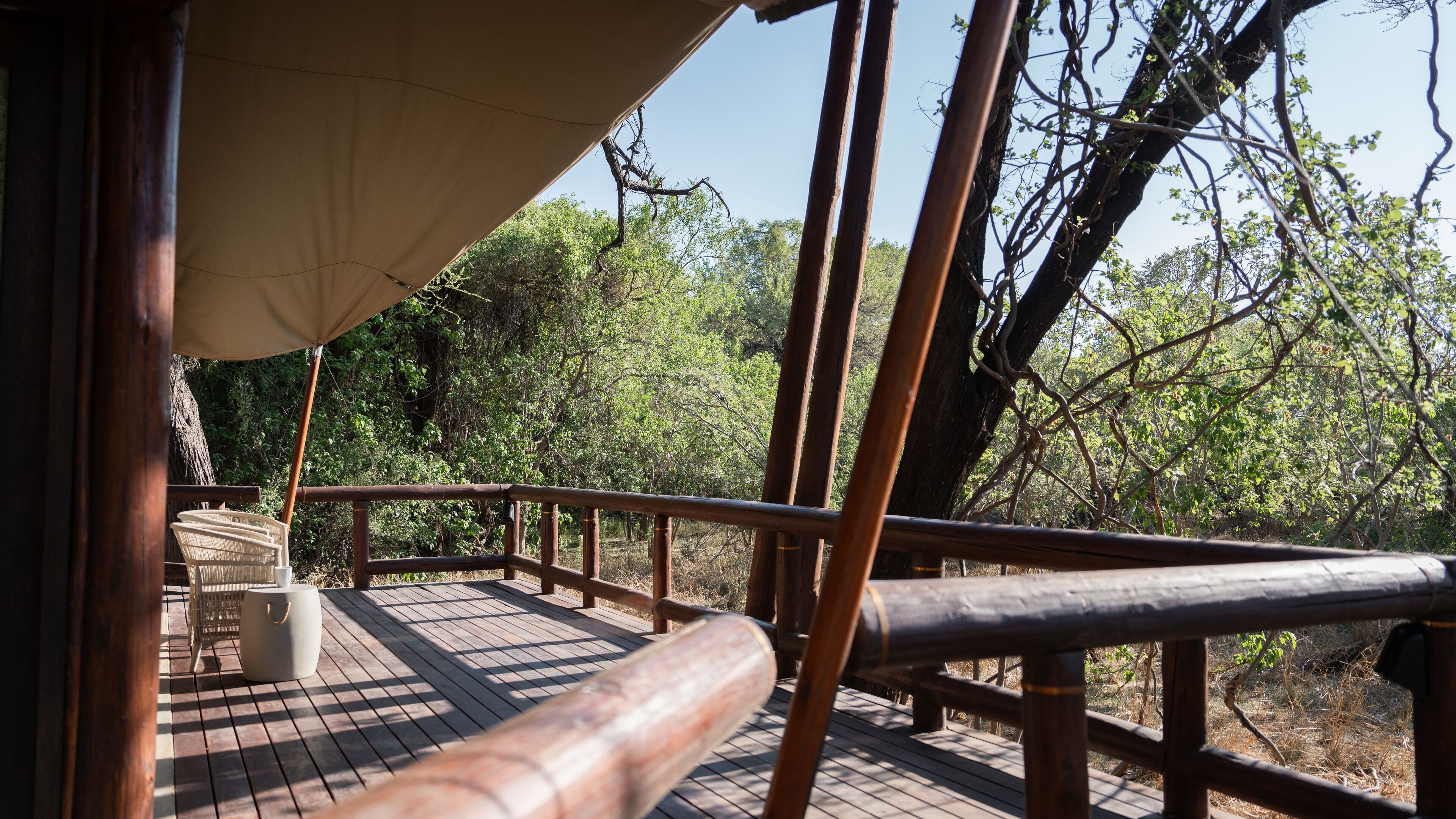 A wooden deck with a bamboo railing, surrounded by trees and a clear sky.
