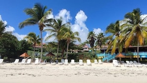 A beach with white lounge chairs and palm trees. - Studio vue mer Gwada ds Village Vacances Ste Anne (Sainte-Anne)