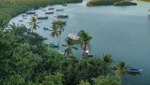 Un río con barcos y una zona boscosa.