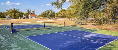 Een tennisbaan met net, omgeven door bomen en een hek.