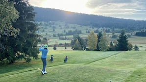 Un terrain de golf où un joueur s’apprête à frapper une balle, entouré d’arbres et avec un paysage vallonné en arrière-plan.