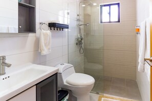 Douche, sèche-cheveux, serviettes fournies, papier toilette