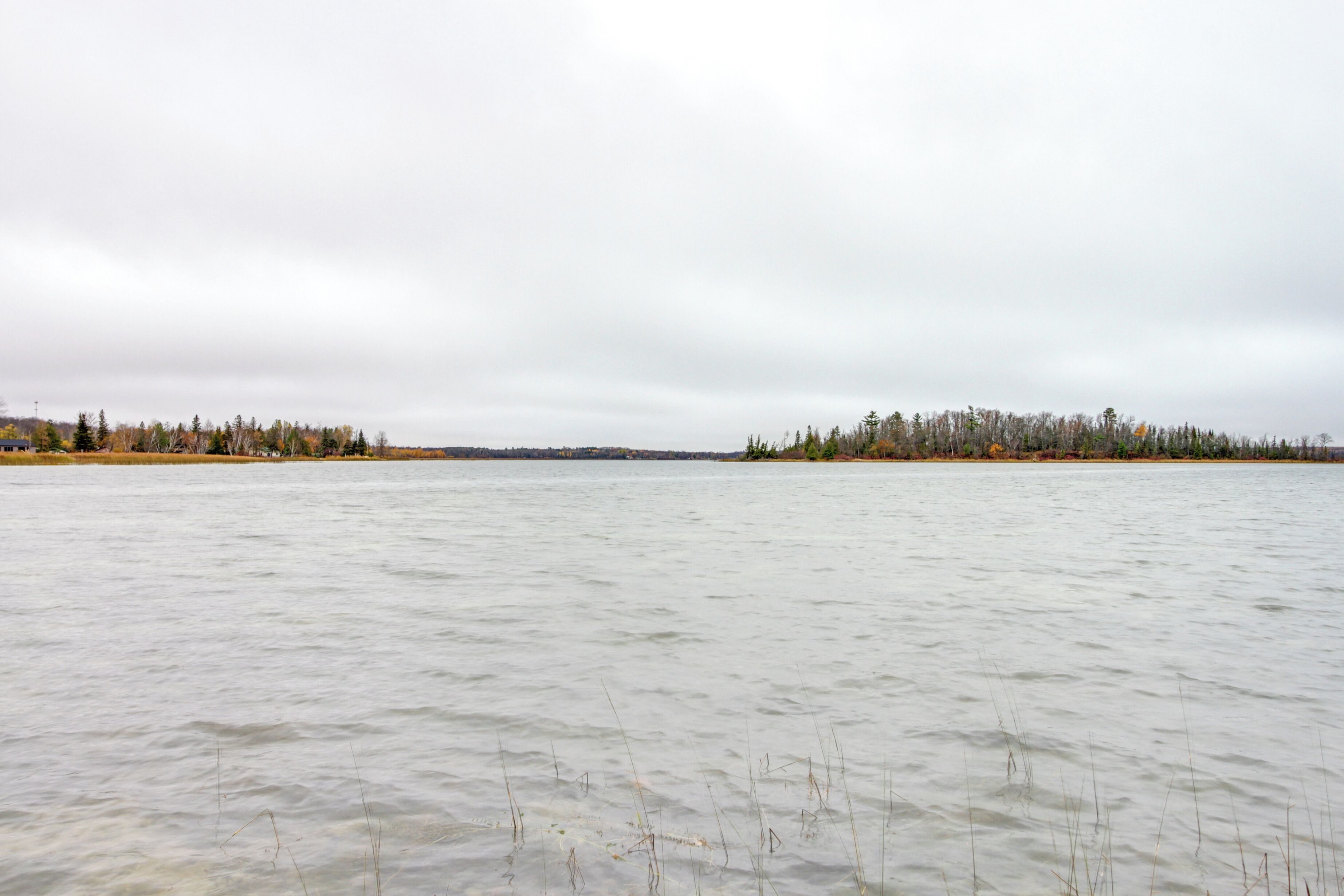 A calm lake with a forested shoreline.