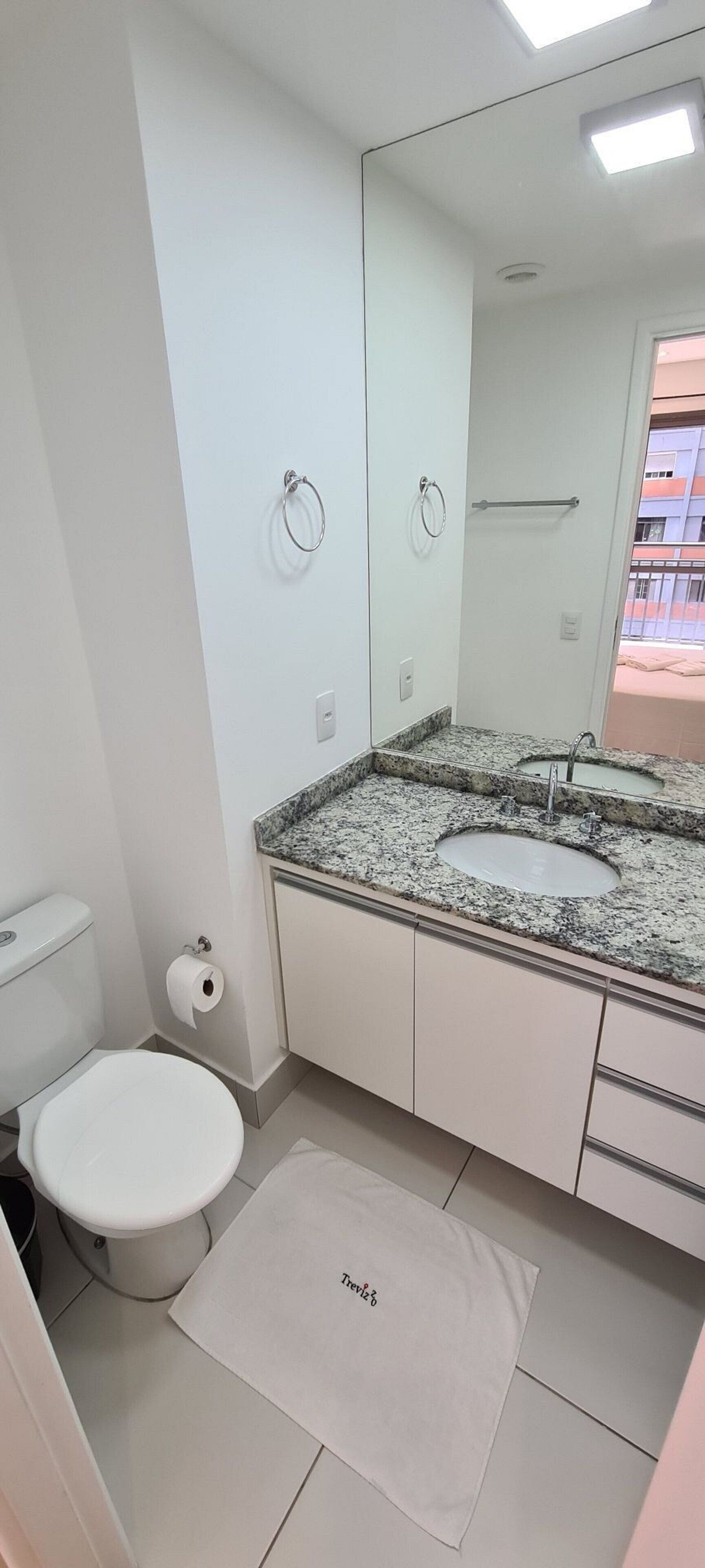 Een moderne badkamer met een wastafel met granieten blad, een toilet en een grote spiegel.