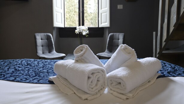 A hotel room with a bed, two chairs, a window with a view, and a vase with flowers. - Palazzo Oliveto (Florence)