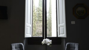 A room with two chairs, a small table with a vase of flowers, and a window with open shutters. - Palazzo Oliveto (Florence)