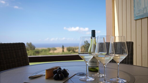 Une table avec une bouteille de vin, des verres, une tranche de fromage et des raisins, le tout placé sur un balcon donnant sur un paysage magnifique.