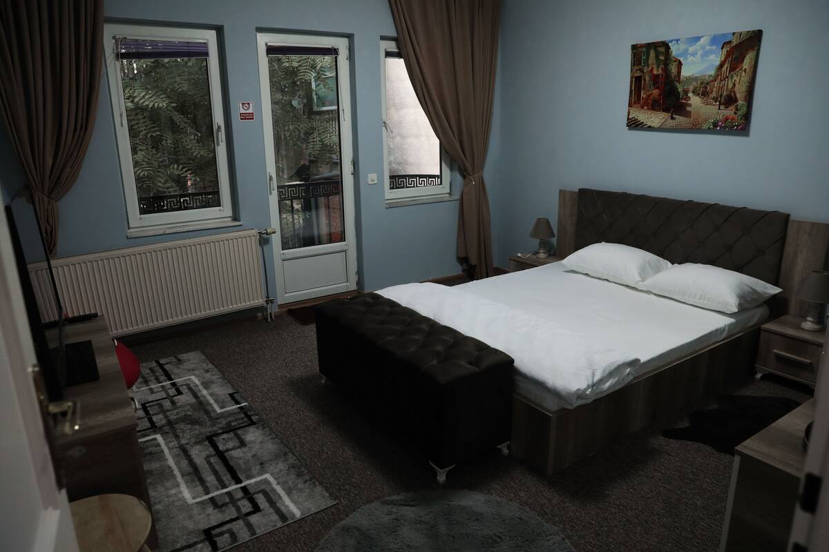 Une chambre à coucher comprenant un lit, une table de chevet, une lampe, une fenêtre avec des rideaux, un radiateur et une porte.