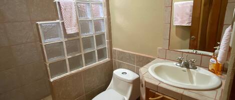 Shower, towels, toilet paper