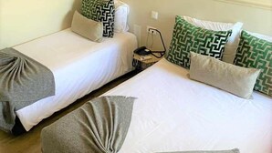 Una habitación de hotel con dos camas individuales, cada una con un cojín estampado y una manta gris.