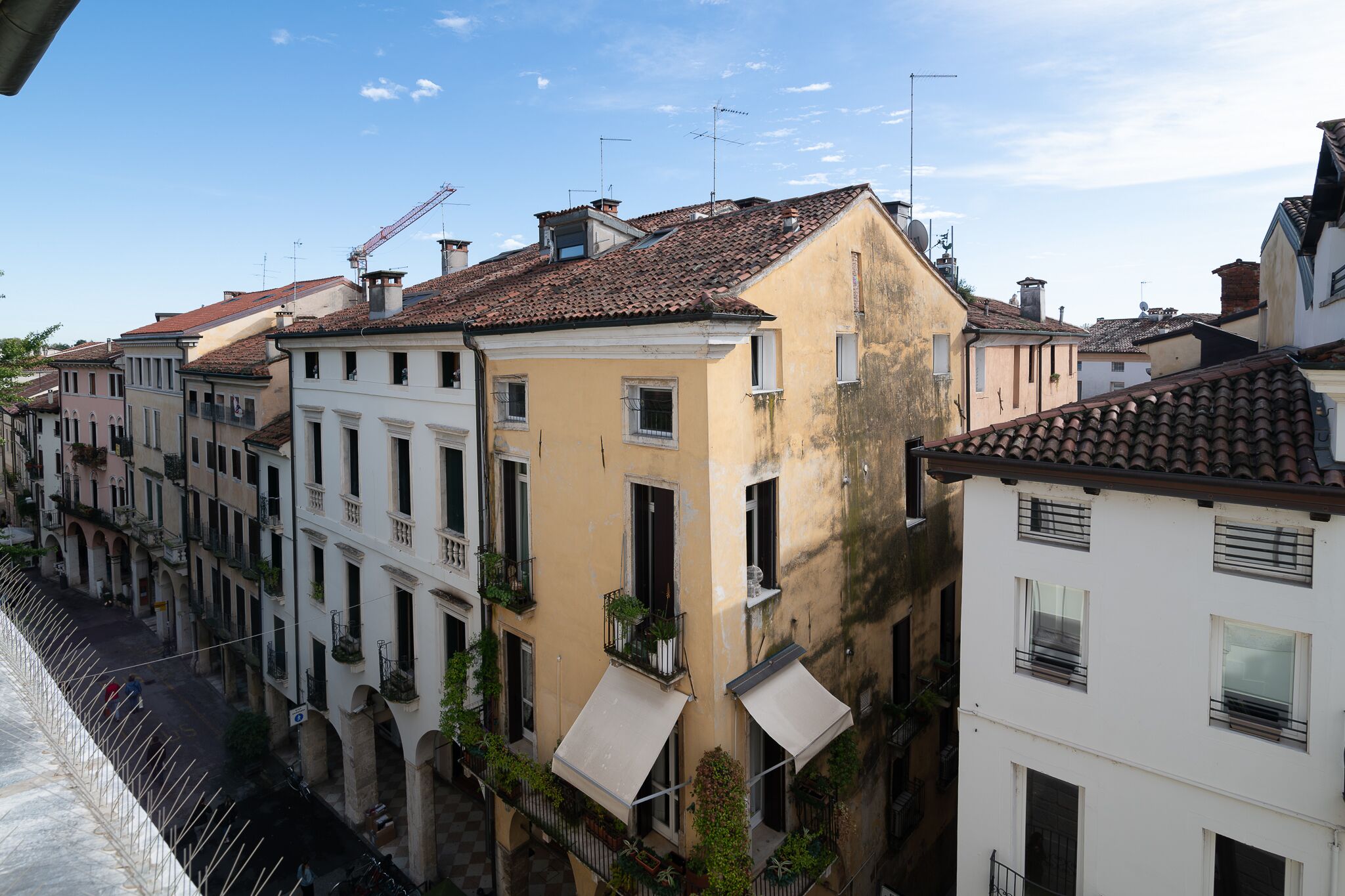 A row of buildings with balconies, some with plants, and a clear sky.