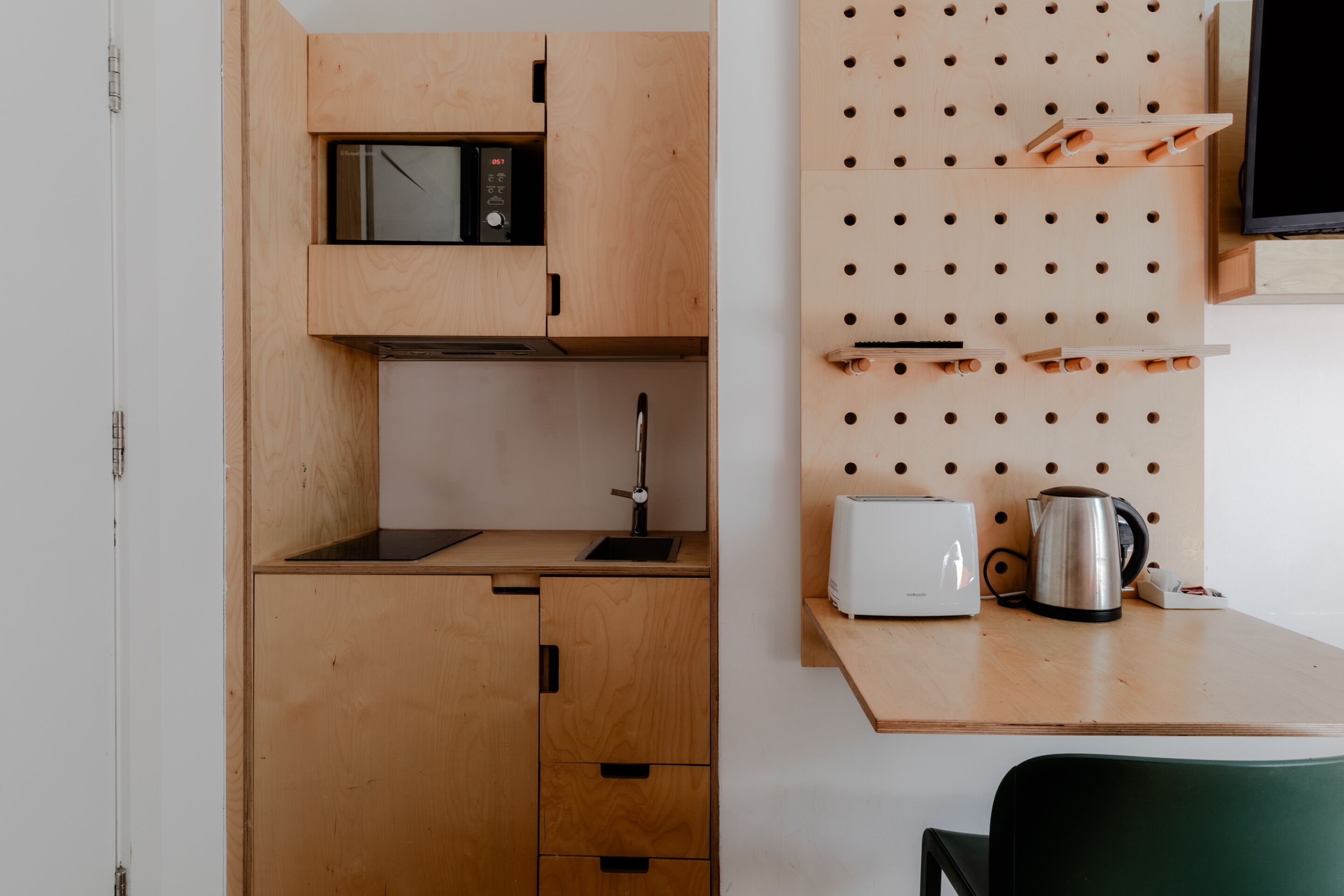 Mini-fridge, microwave, stovetop, electric kettle