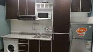 Une cuisine compacte équipée d’un lave-linge, d’un four à micro-ondes et d’un réfrigérateur.
