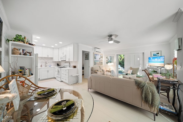 Smart TV, DVD player, books, video library