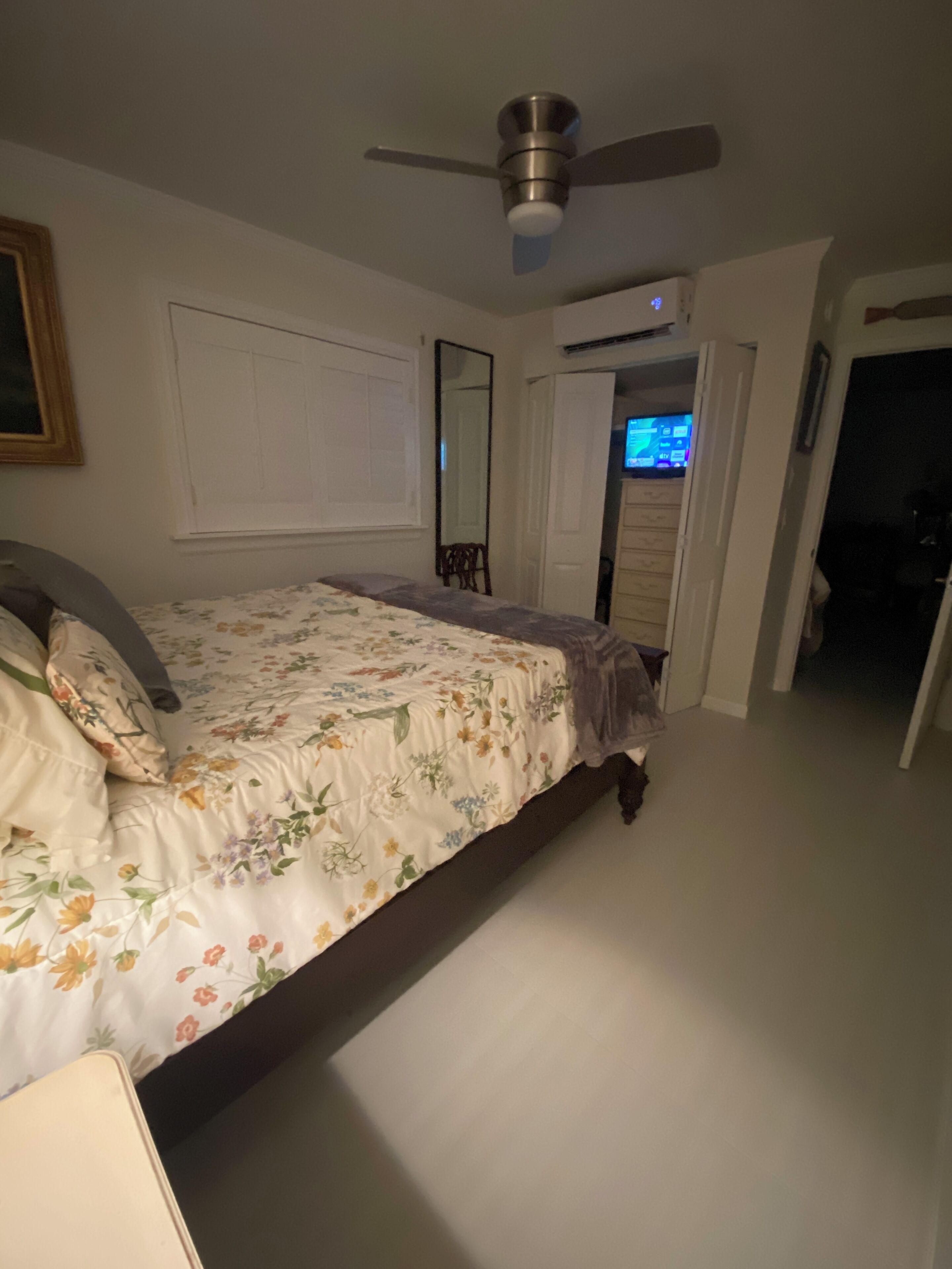 A bedroom with a bed, a ceiling fan, a mirror, and a door leading to another room.