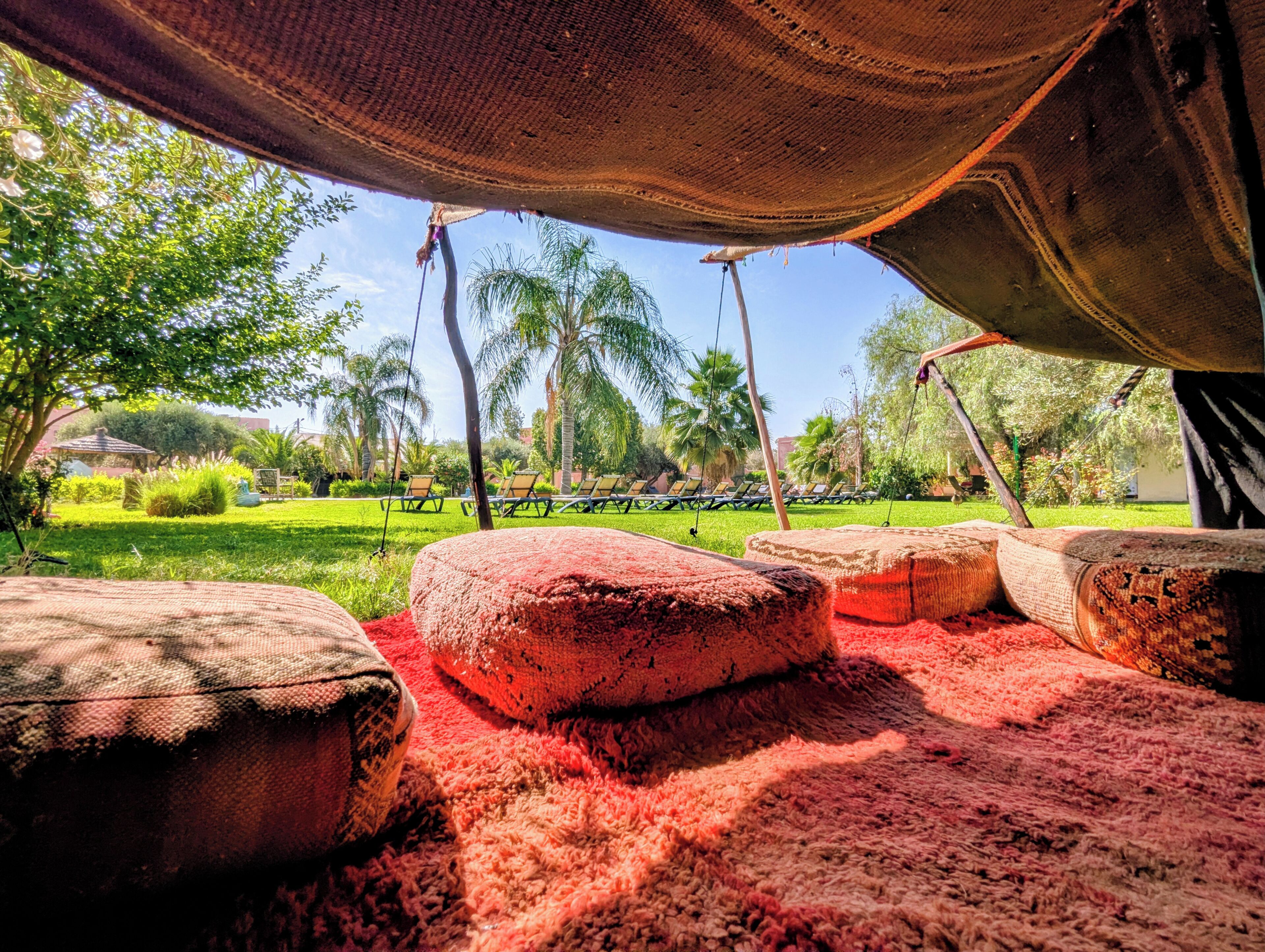 A tent with a view of a garden with palm trees and a pool area.