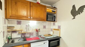 A compact kitchen with wooden cabinets, a microwave, a dishwasher, and a toaster. - Haven of peace at the foot of the ski slopes (Le Devoluy)