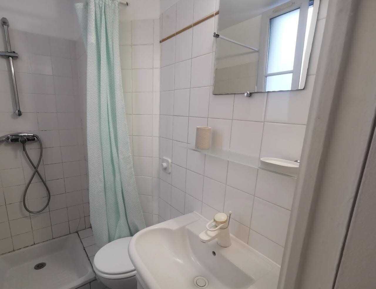 Kylpyhuone, jossa on suihku, wc, pesuallas ja peili.
