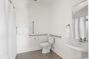 Une salle de bain équipée de toilettes, d’un lavabo, d’un rideau de douche et de barres d’appui.