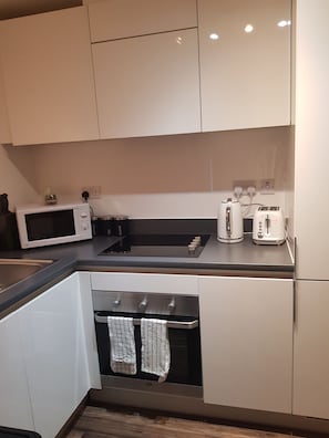 Apartment | Private kitchen | Fridge, microwave, oven, stovetop