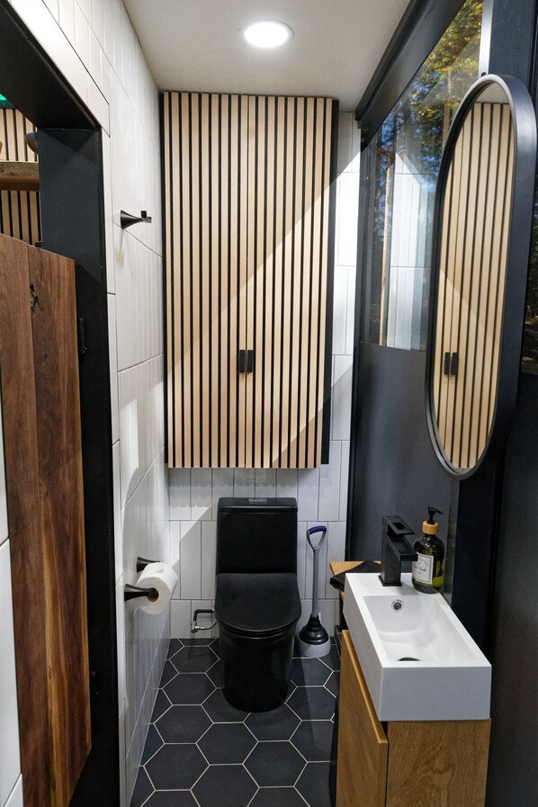 Une salle de bain moderne avec un mur recouvert de panneaux en bois, des toilettes noires, un lavabo blanc et un miroir.
