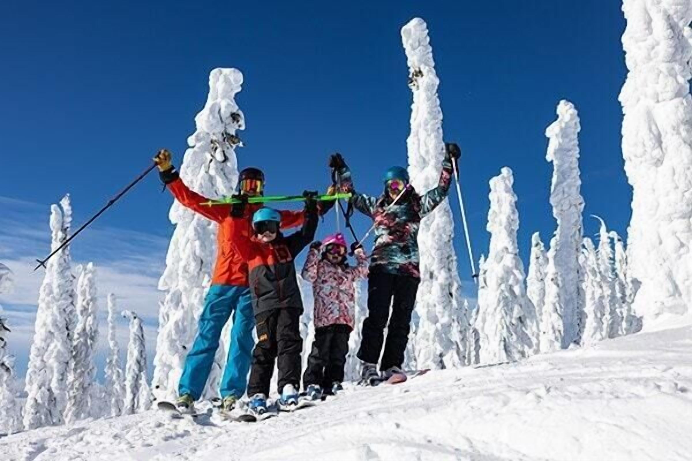 Un grupo de personas en una pendiente nevada con bastones de esquí, rodeadas de árboles cubiertos de nieve.