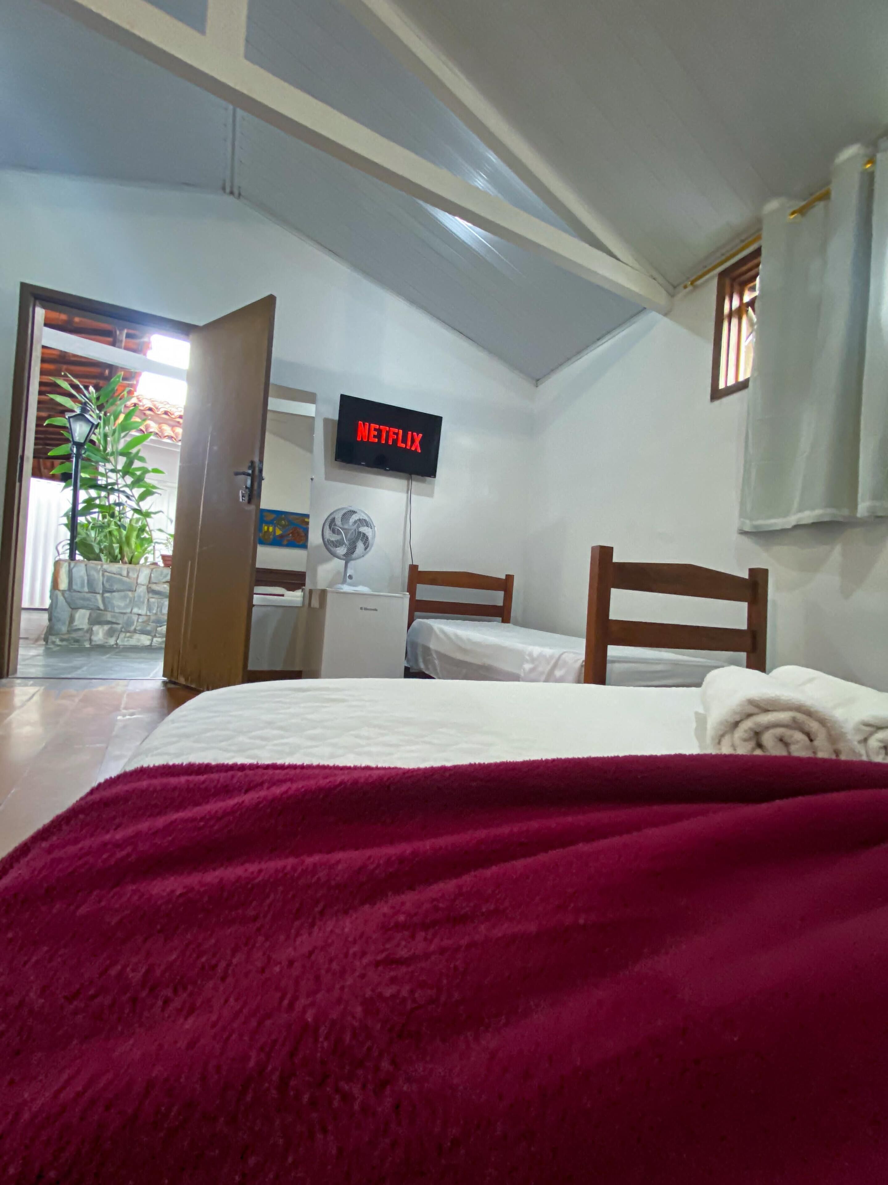 Een slaapkamer met een bed, een televisie waarop 'NETFLIX' staat, een ventilator en een potplant.