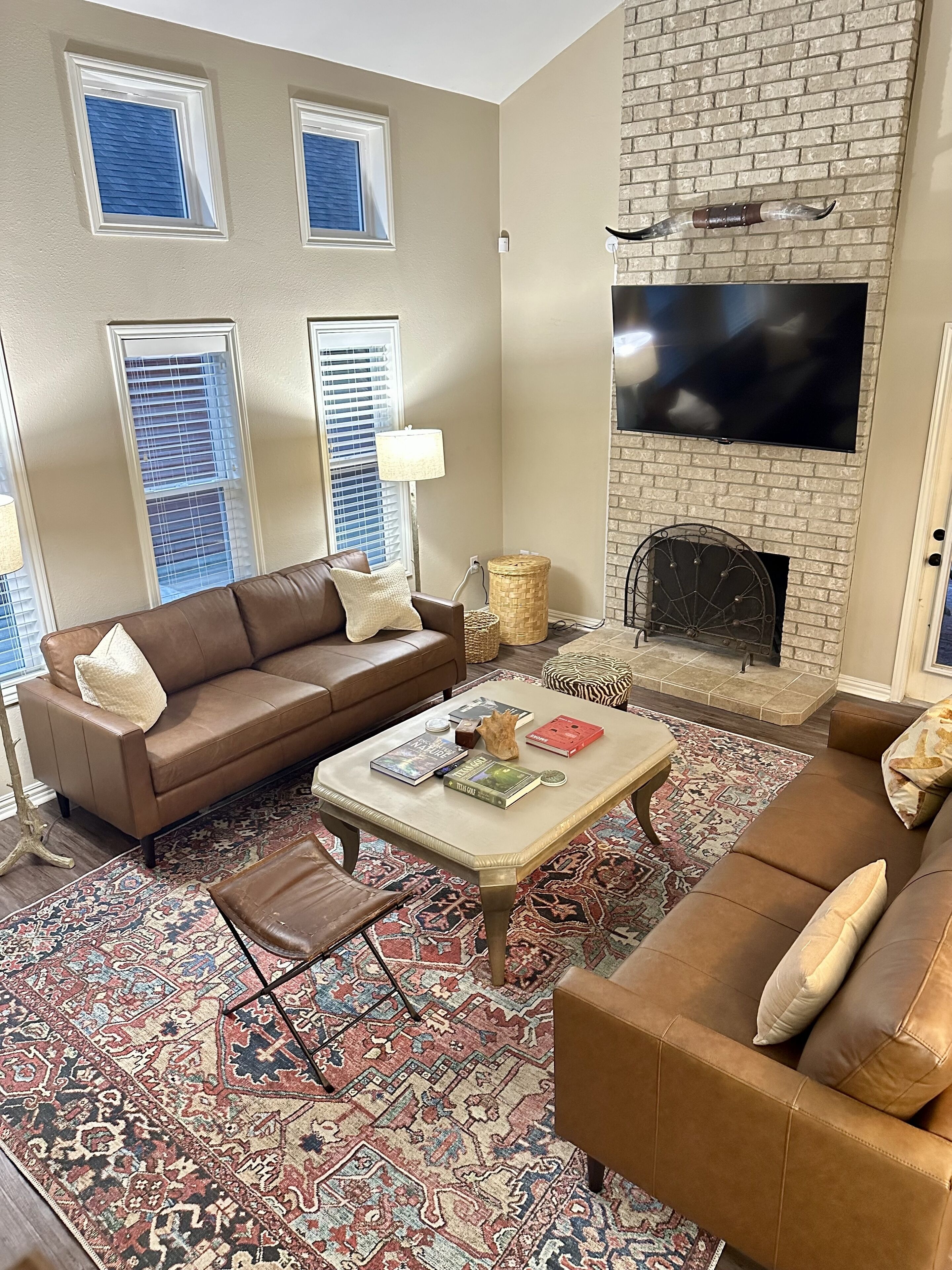 Smart TV, fireplace, books