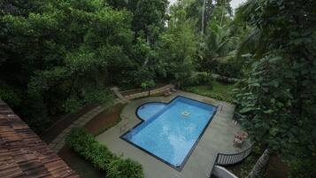 A rectangular swimming pool surrounded by lush greenery and a wooden deck.
