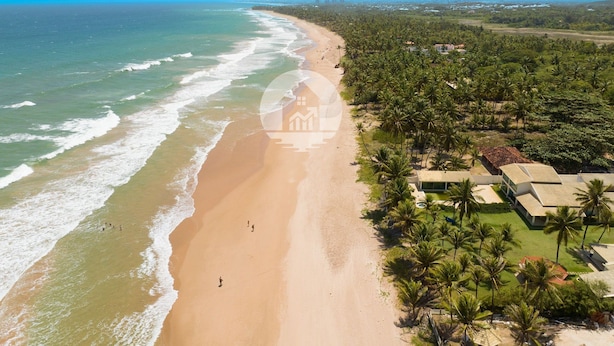 An aerial view of a beach with a clear view of the ocean, a sandy shoreline, and a resort area with buildings and palm trees.