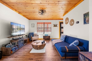 Een smart-tv, een open haard, videogames en een stereo