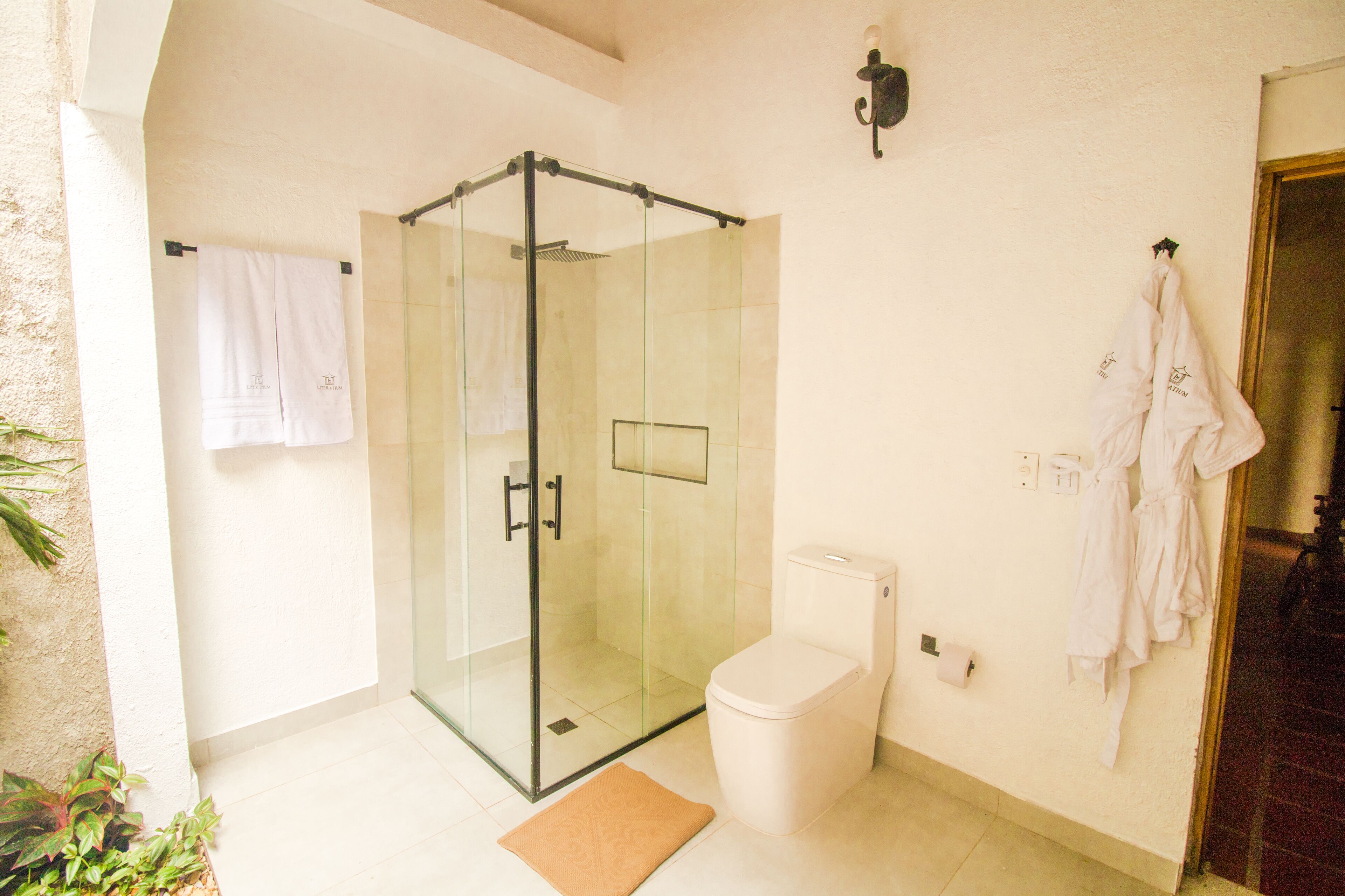 Une salle de bain moderne dotée d’une douche à parois de verre, de toilettes et d’un porte-serviettes.