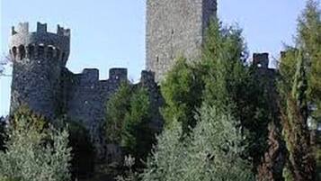 A historic stone castle with battlements, surrounded by dense greenery.