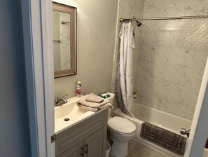Hair dryer, towels, soap, toilet paper