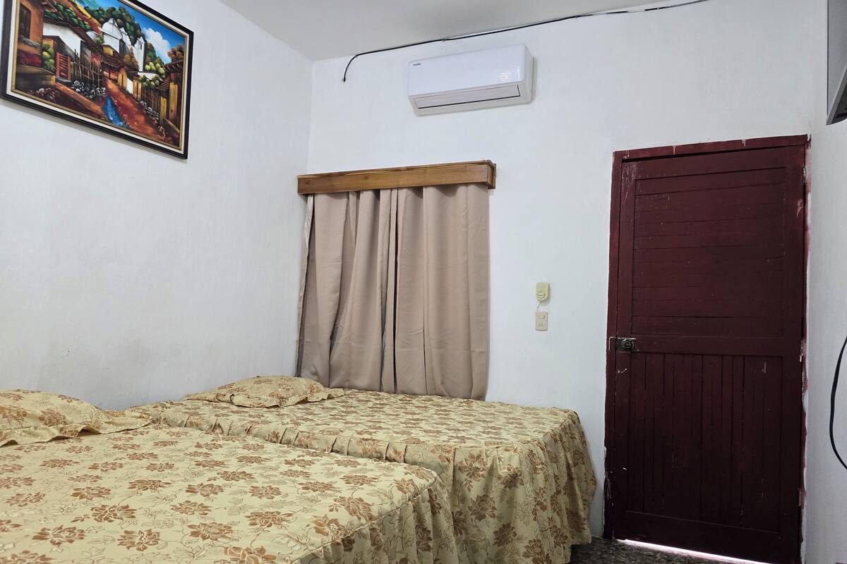 A room with two beds, a wooden door, an air conditioning unit, and a painting on the wall.