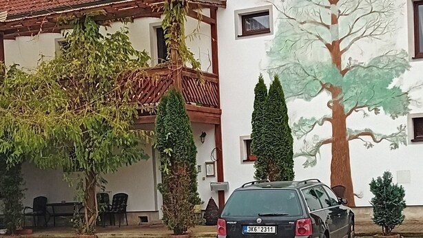 A car parked in a paved courtyard with a building featuring a tiled roof and a mural of a tree. - Pension u Dubu (Frantiskovy Lazne)