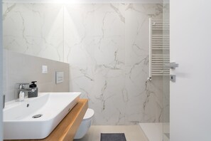 Dusche, Haartrockner, Handtücher, Seife