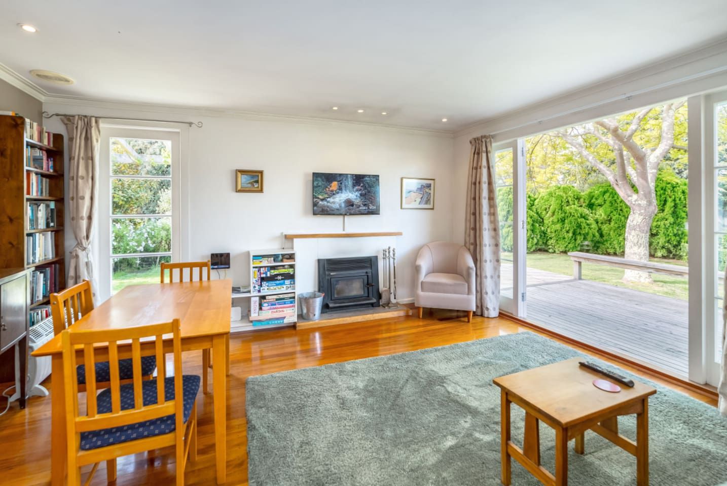 A living room with a fireplace, a television, and a bookshelf.