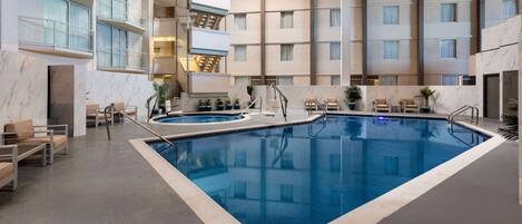 Indoor pool, outdoor pool, open 9:00 AM to 9:00 PM, pool umbrellas