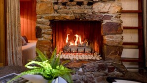 Une cheminée en pierre avec un feu, un fauteuil blanc et une plante de fougère dans une pièce chaleureuse.