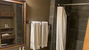 Hair dryer, towels, soap, shampoo