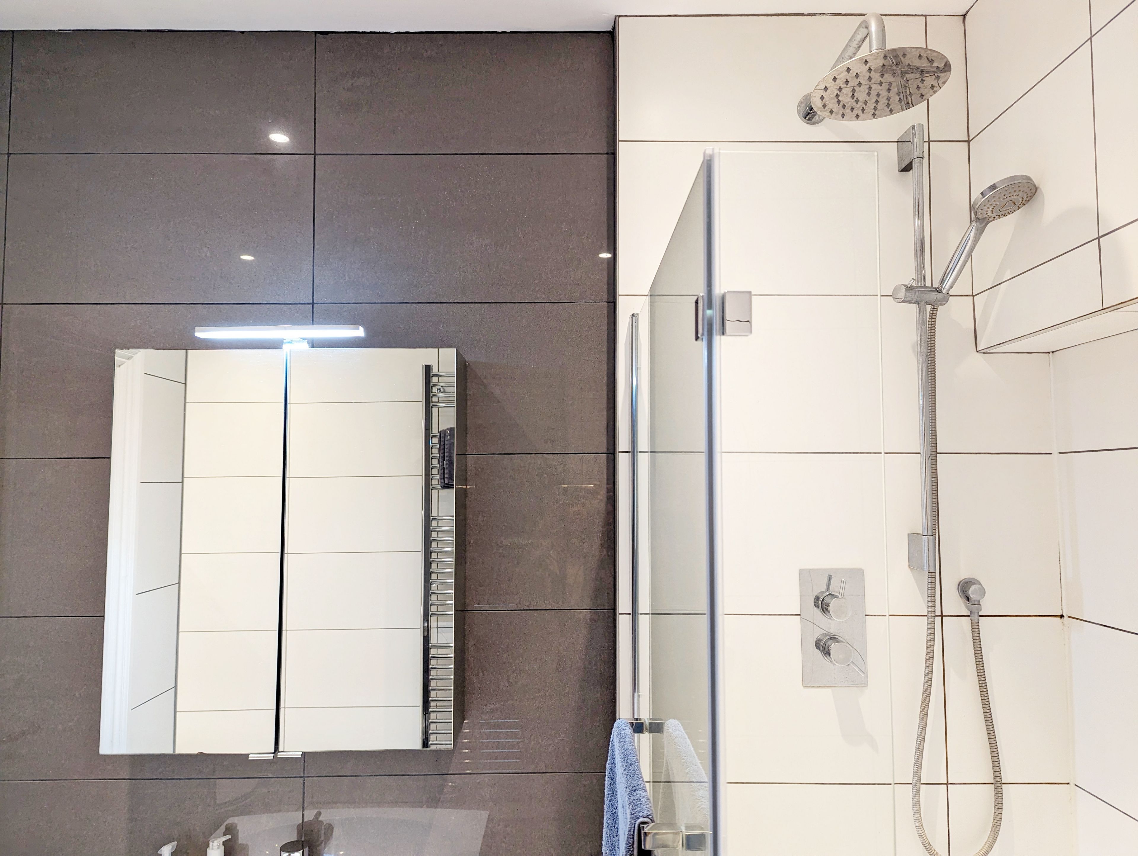 Une salle de bain moderne avec une douche à parois de verre, un grand miroir et un porte-serviettes.